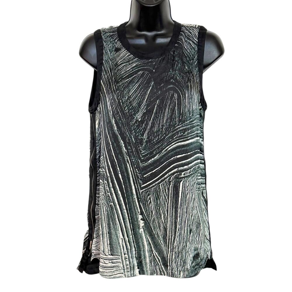Helmut Lang Method Print Silk Tank Top Size M Medium Black White Side Zip Blouse